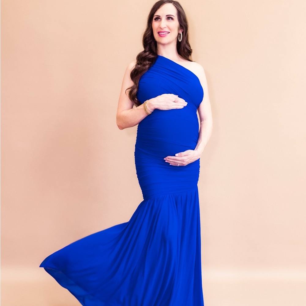 Pink Blush Royal Blue ruched mesh one shoulder maternity maxi dress